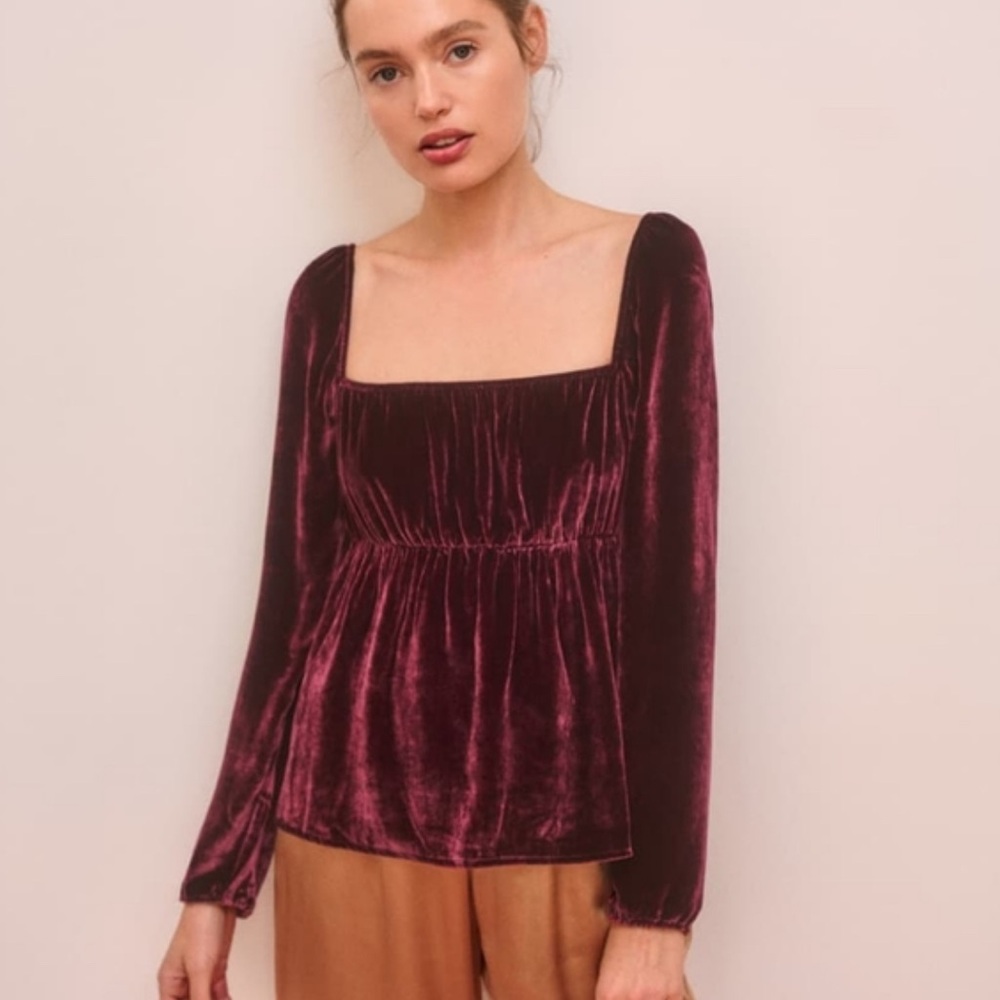 Reformation Roy Square Neck Velvet Babydoll Top Burgundy Red Size 8